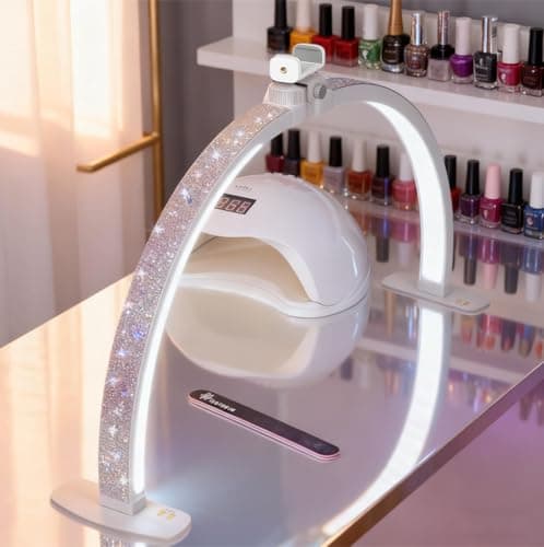 Half Moon Light for Nail Desk with Phone Holder, 29IN Folding Half-Moon Light with Shinning Diamond, LED Lamp for Nail Art, Eyelash Extension, Tattooing, Skin Management, Color Temperature 3000-6500K
