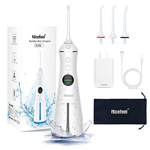 Nicefeel Portable Water Flosser Cordless Rechargeable Dental Cleaner Irrigator, with Gravity Ball, LCD Display, 300ml Tank 6 Modes 4 Jet Tips, and IPX7 Water Proof for Travel & Home & Braces