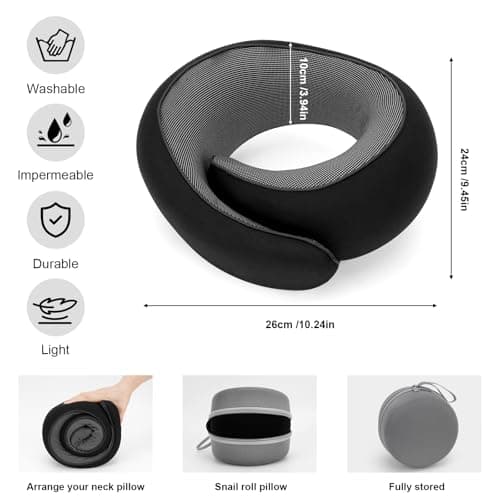 Bely King Travel Neck Pillow for Airplane - 100% Memory Foam 360° Ergonomic Support - Adjustable Velcro, Washable Velvet Cover & Compact Storage Case - Flight Essentials for Sleeping (Black) 2