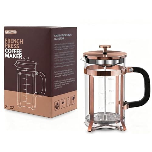 QUQIYSO Coffee Maker 304 Stainless Steel French Press with 4 Filter, Heat Resistant Durable, Easy to Clean, Borosilicate Glass Coffee Press, 100% BPA Free Teapot, 21 ounce, copper 4