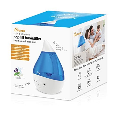 Crane 4-in-1 Drop 2.0 Ultrasonic Cool Mist Humidifier with Sound Machine, Night Light, Aroma Tray, 1 Gallon Top Fill, Blue & White 9
