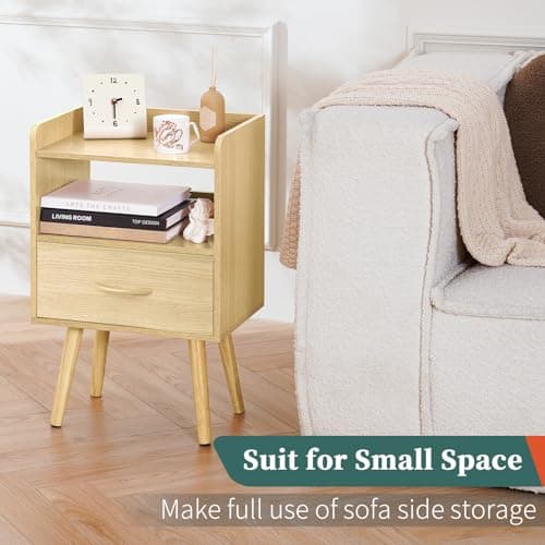 Yoobure Modern Nightstand with Fabric Drawer, Bedside Tables, Mid Century Nightstand with Open Storage Shelf, Wood Bedside Table, Small Night Stands for Bedrooms, 2-Tier Night Table 8