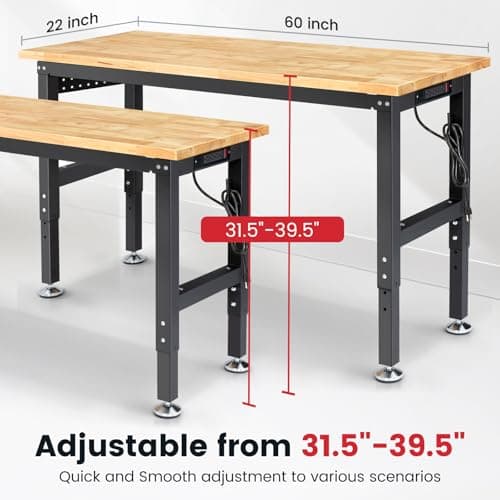 ENJOYWOOD 60 Inch Workbench for Garage Adjustable Height Work Bench with Pegboard Power Outlets Rubber Wood Tabletop Work Table for Cutting Wood Woodworking Shop Home Office Electronic 7