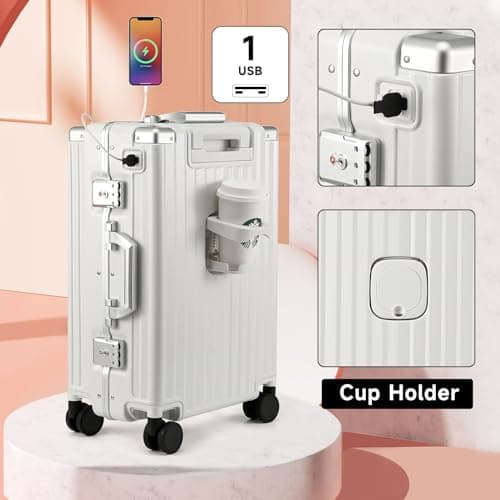 MYER Hard Shell Carry On Luggage 22x14x9 Airline Approved,20 Inch Aluminum Luggage with 100% 3-Layer PC,Carry On Suitcases with Wheels,Cup Holder and USB Port (Milky White, 20 inch) 7