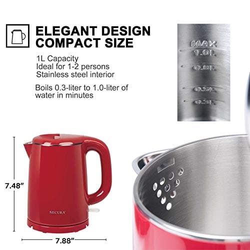 Secura Stainless Steel Double Wall Electric Kettle Water Heater for Tea Coffee w/Auto Shut-Off and Boil-Dry Protection, 1.0L (Red) SWK-1001DR/HB-K012 5
