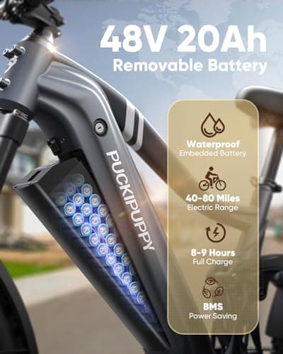 PUCKIPUPPY Boxer Electric Bike for Adults 960W, 48V 20AH Battery Ebike, Full Suspension 26" Fat Tire E Bike, 28MPH 80Miles Range Mountain Electric Bicycle, 7 Speed Hydraulic Disc Brakes Grey 5