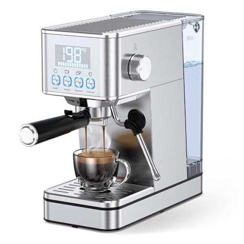 LERTIN Espresso Machine, 20Bar Compact Stainless Espresso Maker, With Milk Frother Steam Wand, 57.5OZ Removable Water Tank, Displays Making Time & Water Temperature, Cold Brew & Cappuccino, Silver