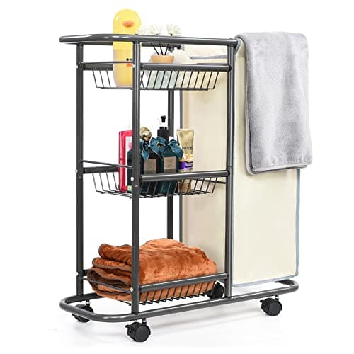 Doxbom Narrow Laundry Cart with Wheels,3 Baskets and 45L Laundry Bag Metal Rolling Cart for Small Space,Laundry Room Organization and Storage for Bathroom Living Room Apartment Dorm