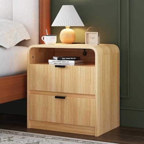 FURSUN 24" Fluted Nightstand with Charging Station, Wooden End Table with 2 Drawers Storage, Curved Profile Design, Modern Bedside Cabinet for Bedroom, Natural Oak 7