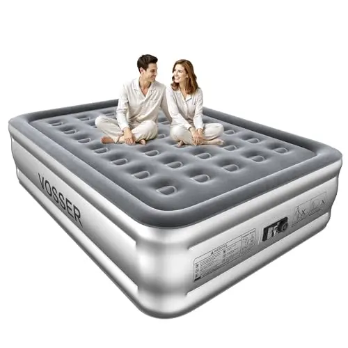 VOSSER Air Mattress Queen with Built in Pump,Blow Up Mattress in 3 Mins,18'' Raised Self Inflatable Mattress,Portable Airbed for Home,Floor&Travel,Queen Size Air Matress for Adults,660LB Max,Silver