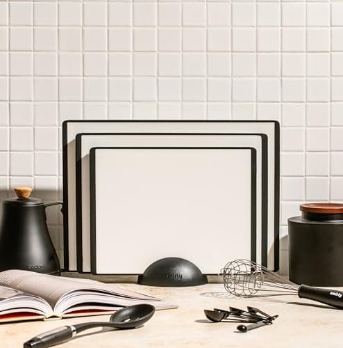 SMIRLY Plastic Cutting Board Set with Holder 3 Pieces, Non-Slip Dishwasher Safe Chopping Boards for Kitchen, Black & White 7