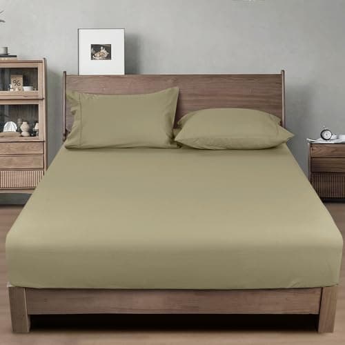 PHF 100% Garment Washed Cotton Fitted Sheet Twin Size - Cozy Cloud Soft Linen Like Bottom Sheet Only with Elastic Deep Pockets, Easy Fit Breathable Warm not Shrink,39"x 75",Tea,No Pillowcase