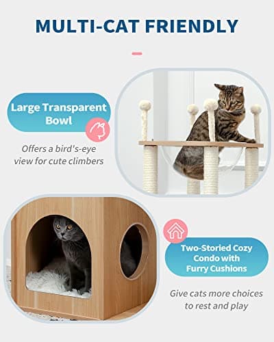 Made4Pets Modern Cat Tree for Large Cat, Wood Cat Tower Heavy Duty with Scratch Post for Indoor Big Cats, 51" Extra Tall Cat Condo Sturdy Frisco Castle with Clear Bowl for Kittens Maine Coon 20Lbs 7