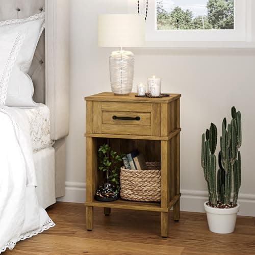 Farmhouse Nightstand with Drawer, Small Wood Bedside Table, Small Rustic Side Table, Modern End Table with Drawer, Wooden Walnut Brown Night Stand for Bedroom LET512DR 5