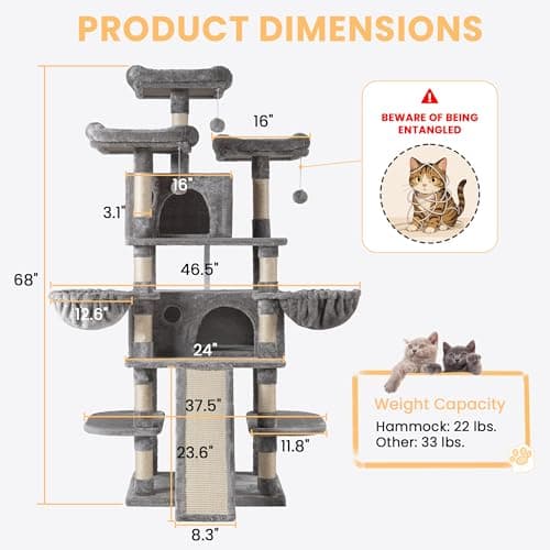 SHA CERLIN 68 Inches Multi-Level Large Cat Tree for Large Kitties/Big Cat Tower with Condo/Cozy Plush ‌Pussycat Perches/Sisal Scratching Posts and Hammocks/Activity Center/Grey 6