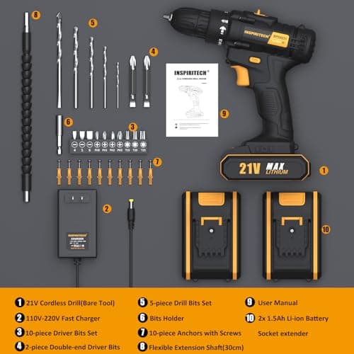INSPIRITECH 21V Cordless Drill with 2 Batteries and Charger,3/8-Inch Keyless Chuck Power Drill Set,2 Variable Speed Electric ScrewDriver, 19 Torque Setting with Drill/Driver Bits 7