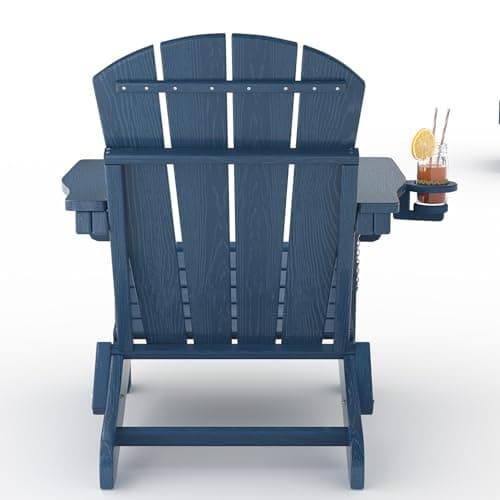 Folding Adirondack Chair Set of 2 with Side Table, All-Weather HDPE Outdoor Chair, Wooden Textured with Cup Holder for patios, Decks, Gardens, fire pits, Navy Blue 5