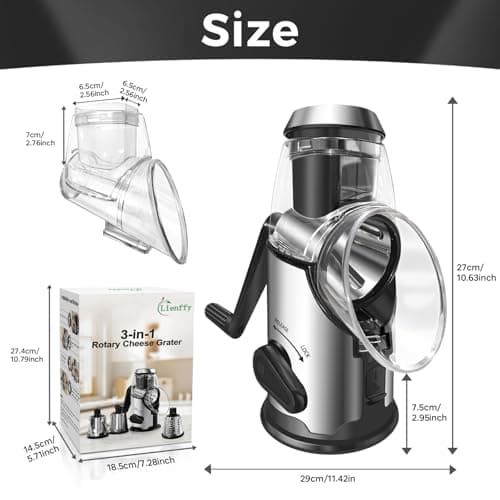 Lienffy Rotary Cheese Grater with Handle,3 Changeable Blades for Kitchen Vegetable Cheese Shredder Slicer Grater,Nut Grinder,Easy to Use and Clean,Stainless Steel-Black Silver 6