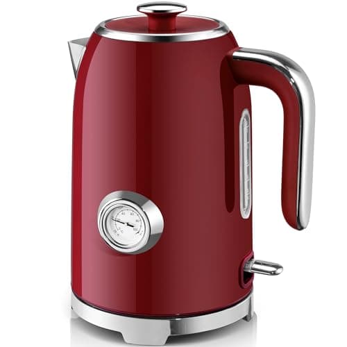 SUSTEAS Electric Kettle - 57oz Hot Tea Water Boiler with Thermometer, 1500W Fast Heating Stainless Steel Pot, Cordless LED Indicator, Auto Shut-Off & Boil Dry Protection, Red