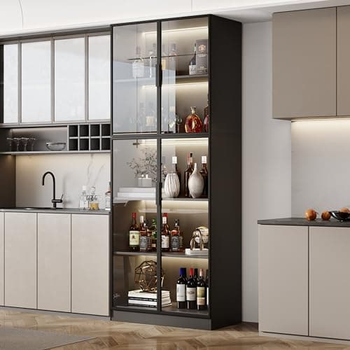 Mekminop Display Cabinet with Glass Doors and Storage Shelve, Modern Display Cabinet for Collectibles Trophy Case for Display - Black (31.5 ""W x 16.5 ""D x 78.7 ""H), HJ-FF10