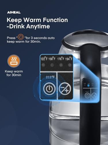 Electric Kettle, Aiheal Glass Kettle Temperature Control With 5 Colors LED Lights Variable, Keep Warm, Fast Boiling Electric Kettle, Stainless Steel Inner Lid & Bottom, 1.7L 5
