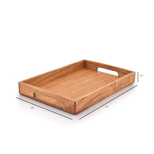 Samhita Acacia Wood Serving Tray with Handles,Wooden Tray, Snack Tray, Breakfast Tray, Great for, Breakfast, Coffee Tables, Homes, Restaurant|Size- 15" x 10" x 1.6" 5