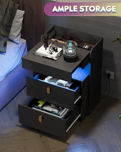 WLIVE Black LED Nighstand with Charging Station, Night Stand with Sliding Top and 2 Drawers, Modern Bedside Table End Tables with Hidden Space for Bedroom, Living Room, Black 3