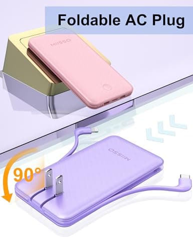 miisso Ultra Slim 10000mAh Power Bank Built-in Cables and Foldable AC Wall Plug, Pocket Size USB C Portable Charger, External Battery Pack Compatible with iPhone Samsung, Purple 7