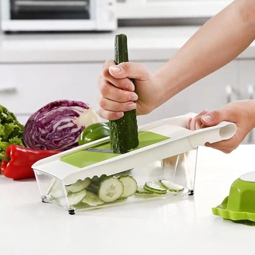 NACOLUS Cheese Grater with Container,5 In 1 Mandoline Slicer for Kitchen,Multi Purpose Vegetable Slicer, Easy to Clean Vegetable Chopper,Cheese Shredder,Julienne Slicer and Peeler 9
