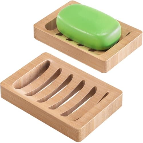 AmazerBath Soap Holder Soap Dish, Bamboo Soap Dish, 2 Pack Wood Bar Soap Holder for Shower, Trays Self Draining, Soap Saver for Shower, Bathroom, Kitchen(Natural Color)
