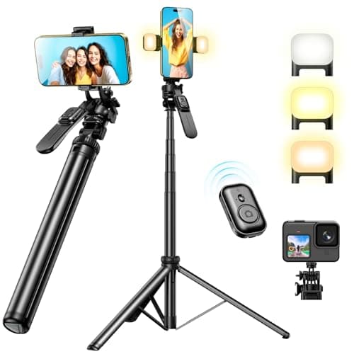 MAPLEPARTY 80" Phone Tripod, Tripod for iPhone & Selfie Stick Tripod Stand with Remote 2 Lights, All-in-1 360° Rotating Portable Travel Phone Tripod Stand for Cell Phone iPhone Android Camera, Black