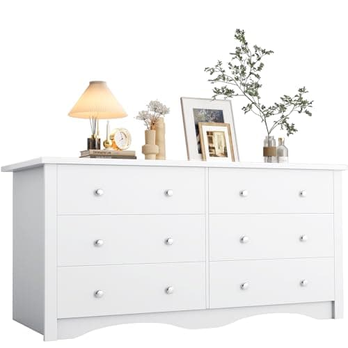 YESHOMY 6 Drawer Dresser for Bedroom, Wood White Dresser, Chest of Drawers Storage Organizer, TV Stand for 55 inch TV, for Living Room, Hallway, Closet