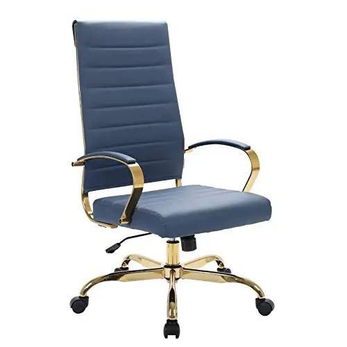 LeisureMod Modern High-Back Leather Office Chair - Swivel & Adjustable Executive Desk Chair with Gold Frame, Ergonomic Design for Home & Office (Navy Blue, Single)