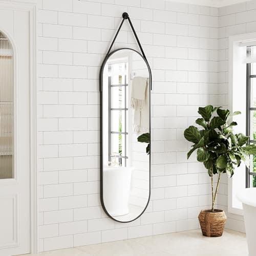 ZMYCZ Full Length Mirror, Oval Wall Mounted Mirror, 48"x16" Door Mirrors Full Length with Hanging Leather Strap with Aluminum Frame for Bathroom Living Room Entryway (Black) 3