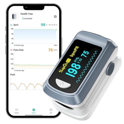 HealthTree Pulse Oximeter Oxygen Monitor Fingertip, Bluetooth Pulse Ox with Free APP, O2 Pulse Oximeter Finger and Heart Rate Monitor, 2 X AAA Batteries, Lanyard