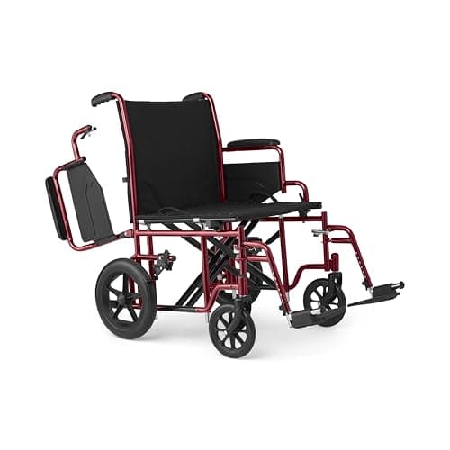 Medline Bariatric Transport Chair for Adults and Seniors, Supports up to 450 lbs, Extra-Wide 22" Seat, Transport Wheelchair has Swing-Away Desk Length Arms and Swing-Away Footrests, Red 2