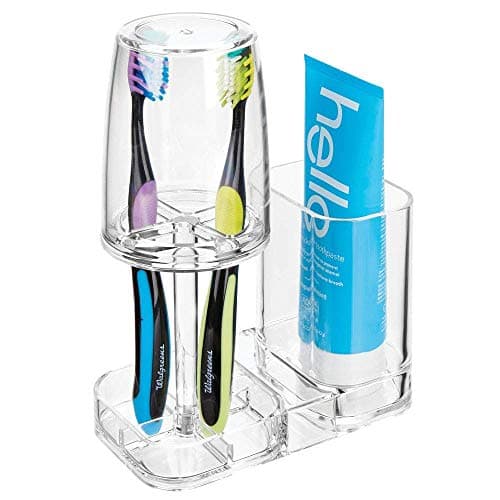mDesign Modern Plastic Bathroom Vanity Countertop Toothpaste & Toothbrush Holder Stand with Rinsing Cup/Cover - Dental Center Holds Electric Toothbrushes - Clear
