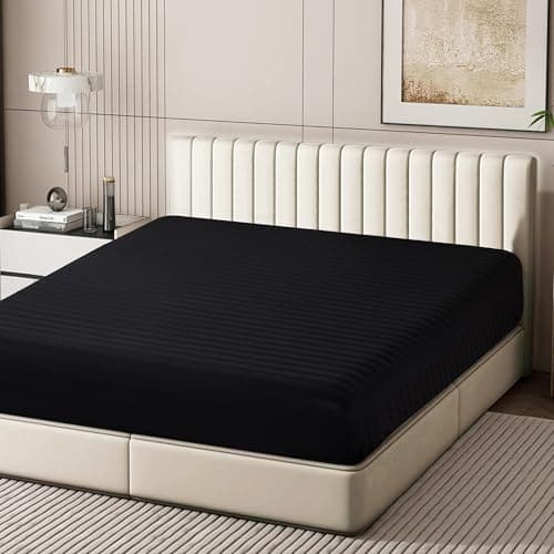 100% Egyptian Cotton Fitted Sheet Full Size Only, 600 Thread Count, 8"-16" Deep Pocket Sateen Weave Bottom Sheet, Soft Breathable Hotel Quality, Foot Side Indicator (Full, Striped Black)