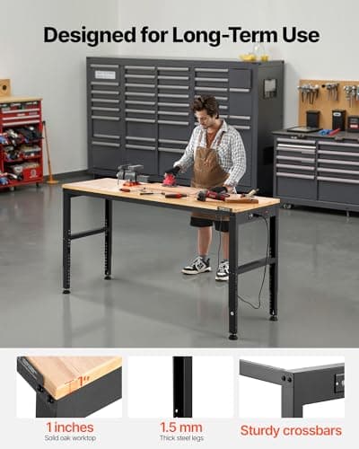 VEVOR Adjustable Workbench, 2000 lbs Capacity, 61 x 20-inch Heavy Duty Work Bench with 27.1-36 Inches Height Adjustment, Garage Workbench with Power Outlets, Suitable for Office, Garage, Workshop 6