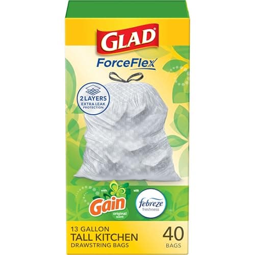 Glad ForceFlex Tall Kitchen Trash Bags, 13 Gallon, Gain Original, 40 Count (Package May Vary)