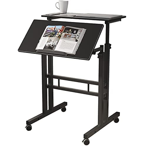 DlandHome Mobile Standing Desk Stand Up Rolling Desk, Stand Sit Computer Desk Adjustable Standing Desk 23.6inches Table Workstation Mobile Cart Tray Black