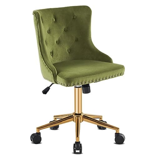 VINGLI Olive Green Velvet Armless Office Desk Chair with Gold Base/Wheels, Small Cute Vanity/Makeup Chair with Back for Bedroom, Upholstered Adjustable Rolling Swivel Nail Chair for Women/Girls 8