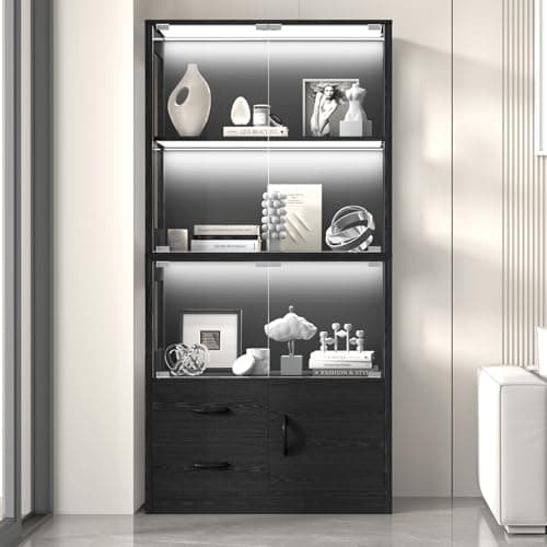 Display Cabinet with Glass Doors, 4-Tier Display Case with 3-Color Lights & Human Body Sensor, Storage Cabinets with 3 Shelves & 2 Drawers for Collectibles/Living/Dining/Game Room, Black Oak 6