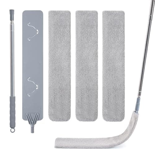 IVYROLL Skinny Duster with Extension Pole for Under Furniture, Under Appliance Cleaning Tool with 3 Microfiber Dusting Cloths, Retractable Flat Duster for Under Refrigerator, Tight Spaces, Gap