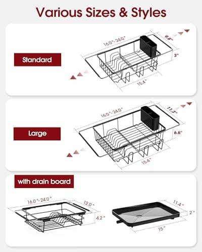 Sakugi Dish Drying Rack in Sink - Expandable Stainless Steel Dish Rack Over the Sink, Kitchen Sink Drain Strainer with Cutlery Holder & Cup Holders, 15.4 x 9.8 x 3.0 Inch, Black 8