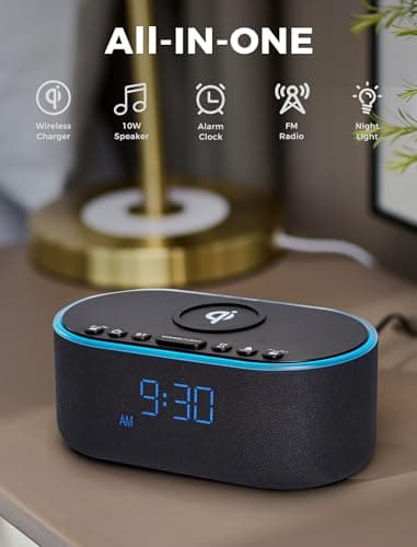Odokee Wireless Charging Alarm Clock Radio: Qi Certified Fast Wireless Charger for iPhone Samsung - 10W Stereo Bluetooth Speaker - Dimmable Digital Clock with FM Radio for Bedroom Black 2