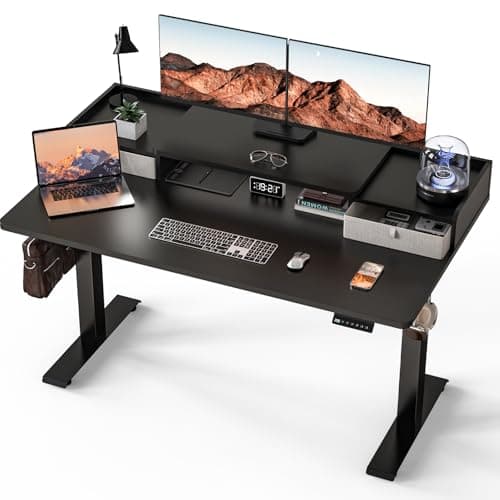 Kingant 55 x 30 Inch Electric Standing Desk with Dual Drawers, Adjustable Height Computer Desk for Home Office, Large Workstation Sit Stand Up Desk with Built-in Storage Shelf, Black