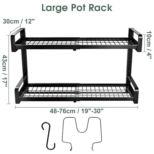 19"- 30" Expandable Hanging Pot Rack, 2 Tier Heavy Duty Wall Mounted Pots and Pans Organizer with 10 Hooks and 5 Pot Lid Holders, Pot Hanger Shelf for Kitchen Cookware Utensils Organizers and Storage 8