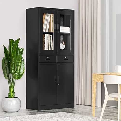 AFAIF Glass Display Cabinet with Drawers, Lockable Metal Storage Cabinet with 2 Adjustable Shelves, 71'' Tall Cabinet for Home, Black 6