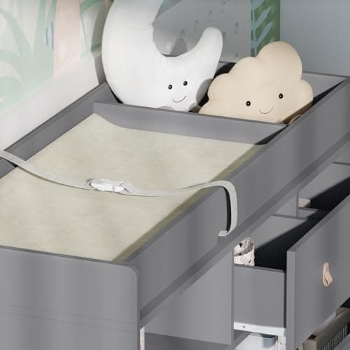 ROMSHINE Baby Changing Table Dresser with 5 Drawers, Baby Nursery Dresser with Tilt Out Laundry Basket, Infant Changing Station Organizer for Nursery and Bedroom, Grey (45" W x 18" D x 37" H) 5
